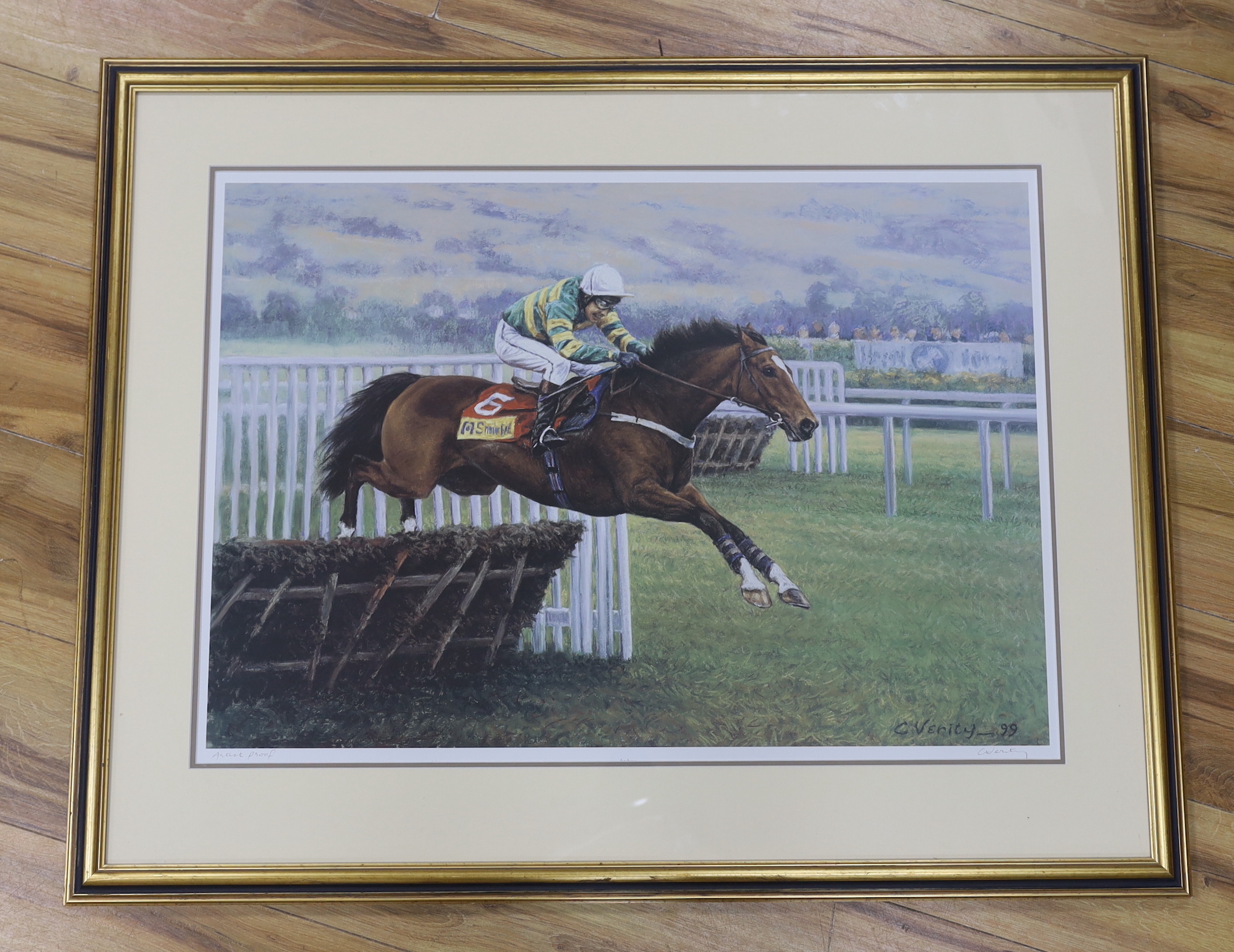 Claire Verity (20th. C), limited edition artist's proof colour print, Istabraq winning the Smurfit Champion Hurdle, Cheltenham, 1999, signed in pencil, inscribed label verso, 54 x 72cm